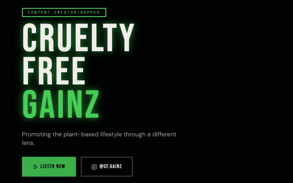 CFGainz homepage with a neon Cruelty Free Gainz headline