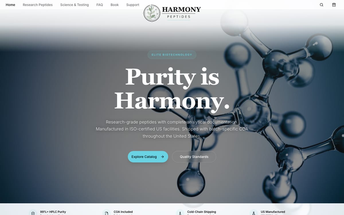 Harmony Peptides homepage with the headline Purity is Harmony over a molecule image