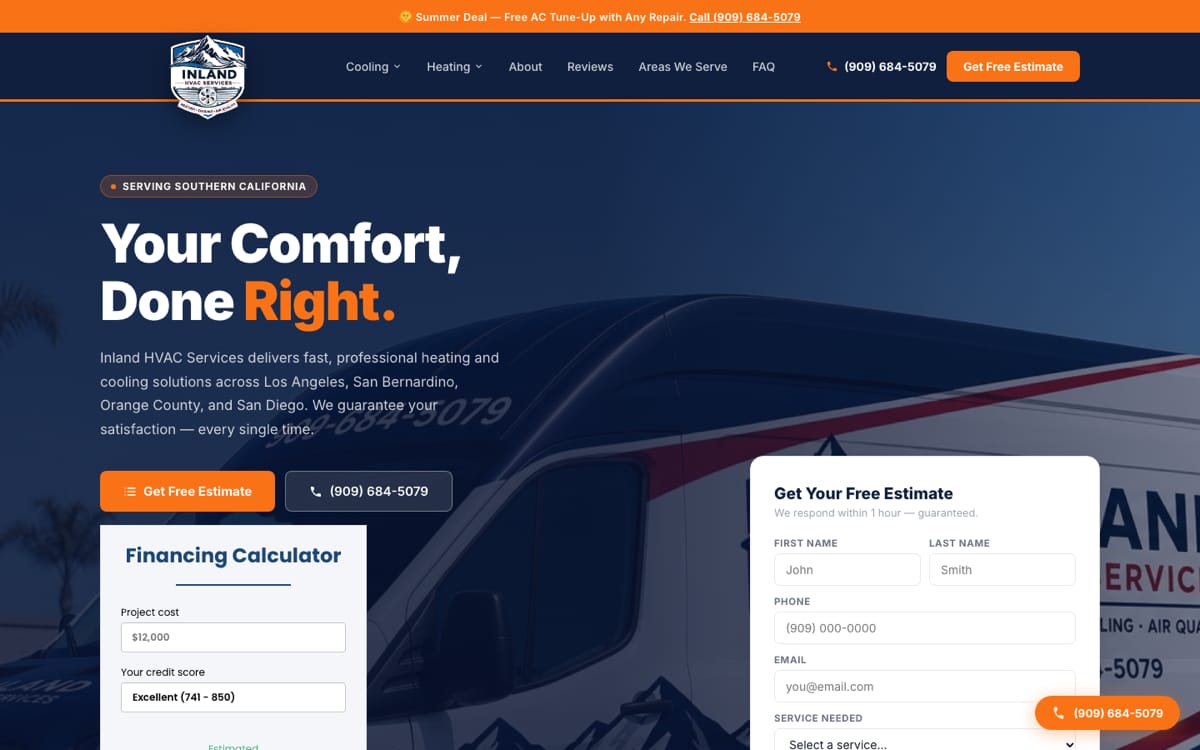Inland HVAC Services homepage with estimate form and financing calculator