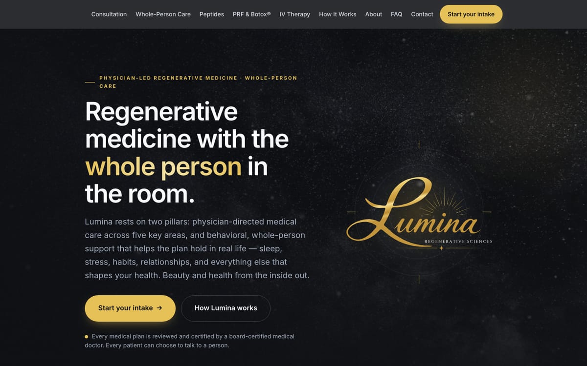 Lumina Regenerative Sciences homepage with a gold Lumina logo on a starfield