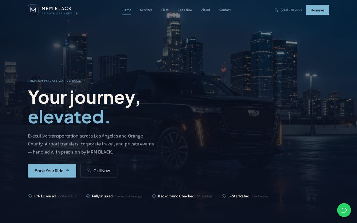 MRM Black homepage with a black SUV against the Los Angeles skyline at night