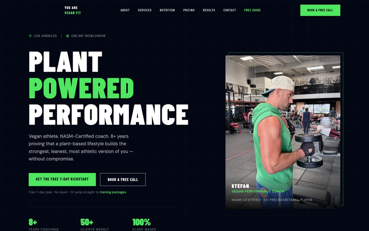 You Are Vegan Fit homepage with the headline Plant Powered Performance